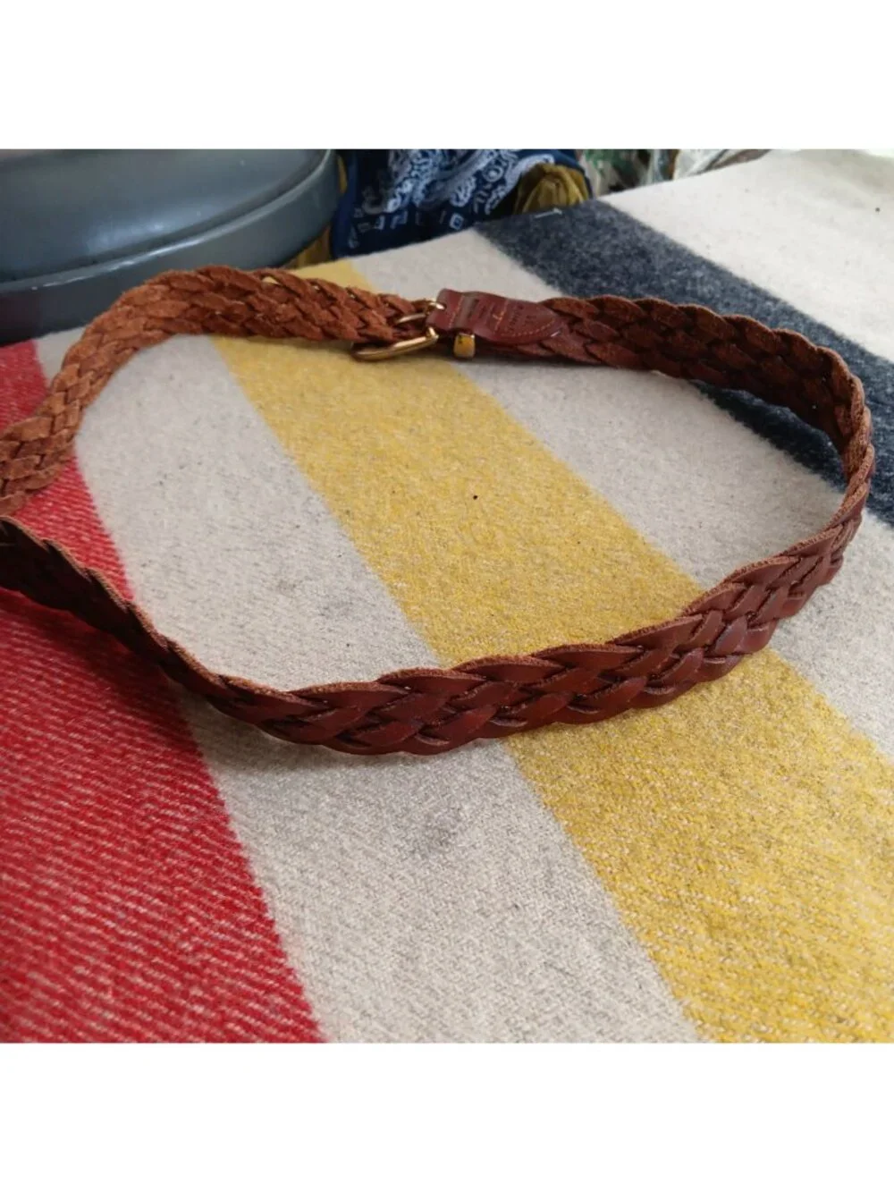 Vntage Boho 34W Braided Full Grain Leather Belt Argentina Brown Brass Buckle